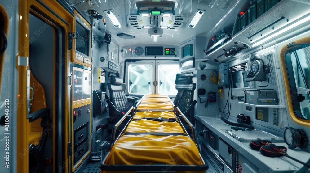 Fototapeta premium An empty ambulance with a bed in the back. Suitable for medical concepts