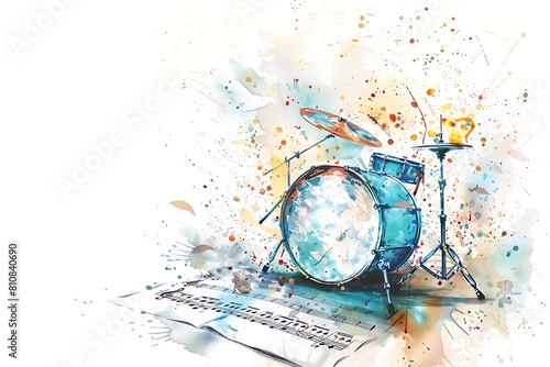 watercolor drum and notes sheet, style of grunge, musical instrument concept, music concert lover background, card frame with copy space