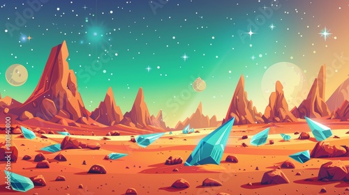 Red desert surface with mountains, blue crystals and stars spread across a green sky. Cartoon modern illustration of Martian terrain, alien planet background. photo