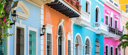 Old San Juan street with pastel-colored Spanish colonial buildings, under bright blue sky. photo