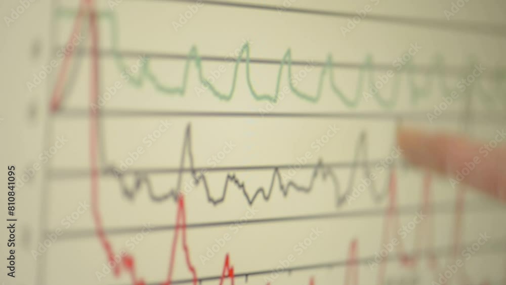 Close-up of a finger pointing at fluctuating line graphs on a digital monitor, shallow depth of field Close-up of a finger pointing at fluctuating line graphs on a digital monitor, shallow depth of field