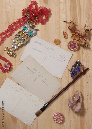 Vintage Post Cards With Vintage Jewelry and Crystal Stones