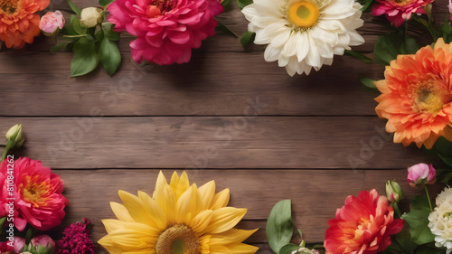 wooden background with flowers with empty space for greeting message. Love and greeting concept design. AI generated image, ai
