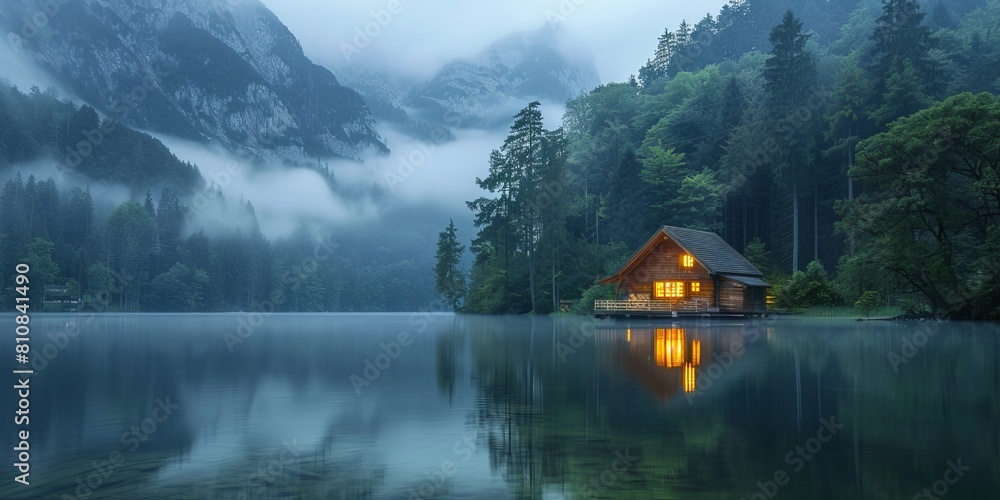 Illuminated Wooden house in the forest on a calm reflecting lake with the foggy mountains in the background at dusk