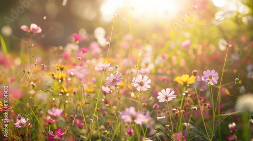 Beautiful meadow full of spring flowers on a sunny day, shallow depth of field, close up, sun rays
