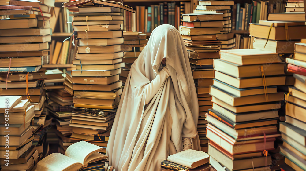 Obraz premium A person is hiding behind a pile of books