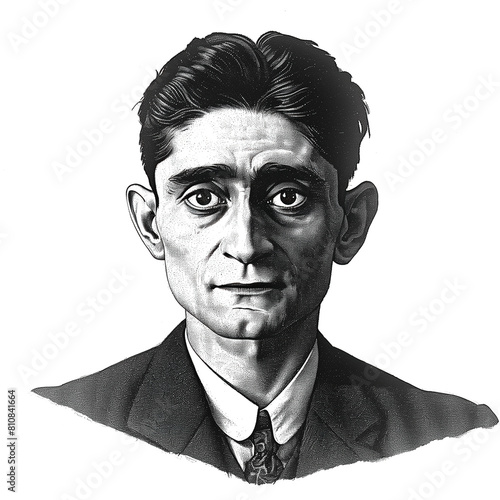 Black and white vintage engraving, close-up headshot portrait of Franz Kafka, the famous historical German-speaking Bohemian Jewish novelist and writer, white background, greyscale photo