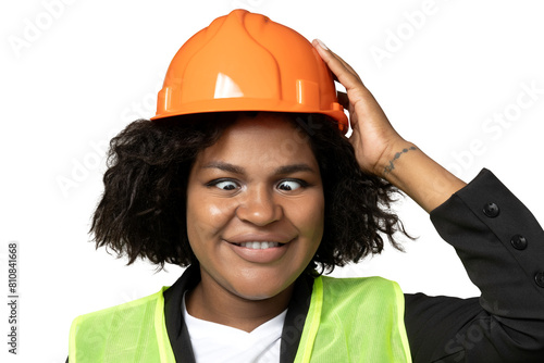 PNG,A young girl in the form of a construction worker with a hard hat, isolated on white background