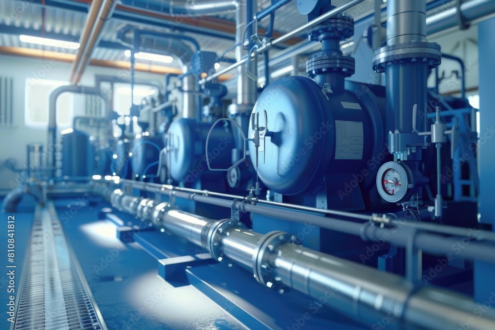 A collection of pipes and valves in a room. Suitable for industrial concepts A collection of pipes and valves in a room. Suitable for industrial concepts