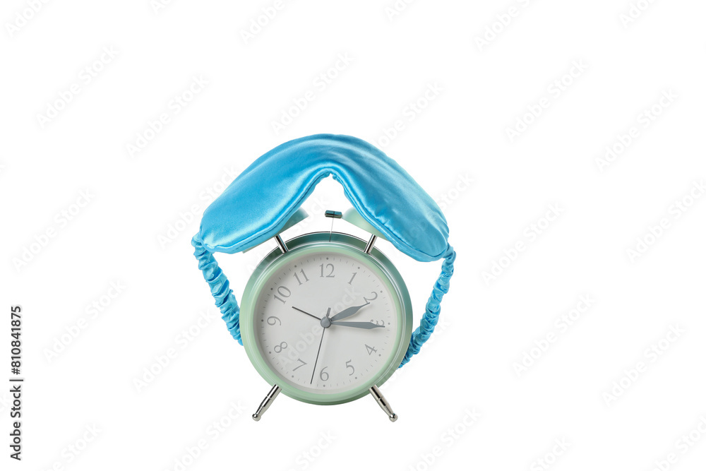 PNG, Alarm clock and sleep mask, isolated on white background PNG, Alarm clock and sleep mask, isolated on white background