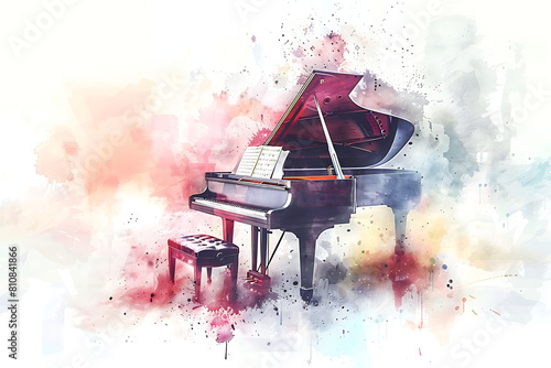 watercolor black piano and notes sheet, style of grunge, musical instrument concept, music concert lover background, card frame with copy space