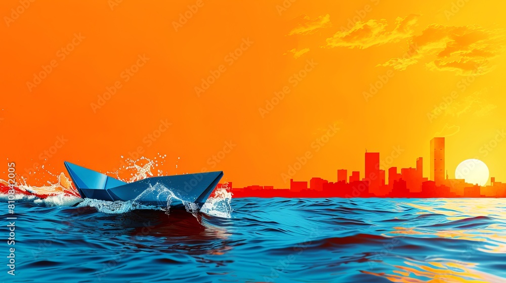 Fototapeta premium A paper boat sails on the rough sea towards the setting sun and a distant city.