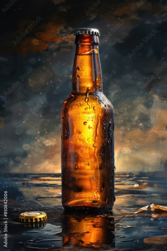 A beer bottle sitting on a wet surface, suitable for beverage industry A beer bottle sitting on a wet surface, suitable for beverage industry