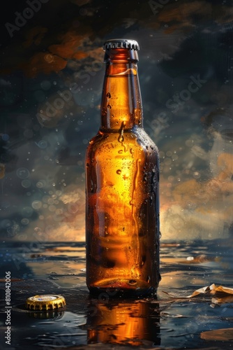 A beer bottle sitting on a wet surface, suitable for beverage industry