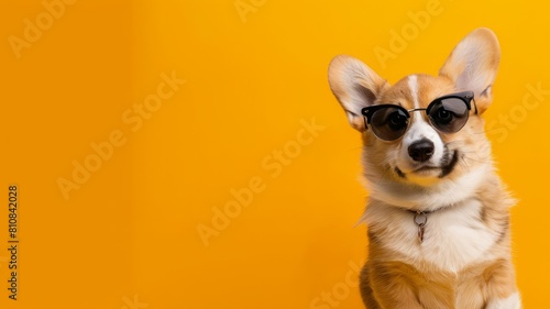 A playful Corgi puppy, sporting cool sunglasses, sits on the right side of a vibrant orange background, with ample room on the left for text, ideal for promoting pet obedience classes. © muhriZ