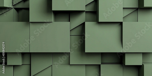 Abstract geometric army green 3d texture wall with squares and square cubes background banner illustration, textured wallpaper