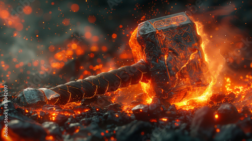 A powerful hammer forged from dragon scales and molten lava, emanating sparks and energy. photo