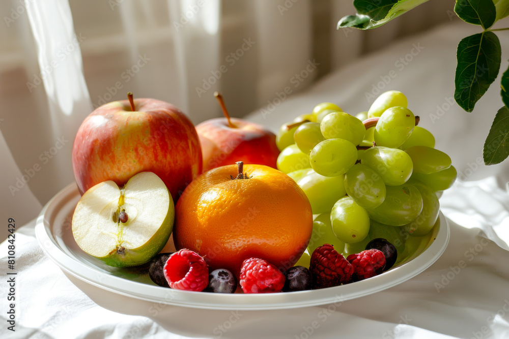 A white plate with a variety of fruits including apples, oranges, and grapes A white plate with a variety of fruits including apples, oranges, and grapes