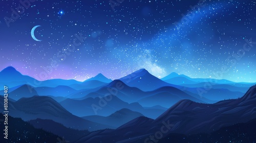 Night panorama of moon, stars, and milky way in a mountain landscape with shiny stars and planets. Modern cartoon illustration.