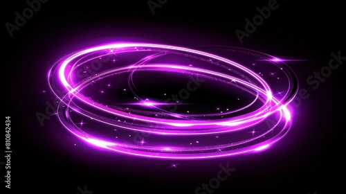 Wind effect purple swirl with stars and sparkles. Magician, wizard or fairy light, shiny trace isolated on black background. 3D Modern illustration of real life.
