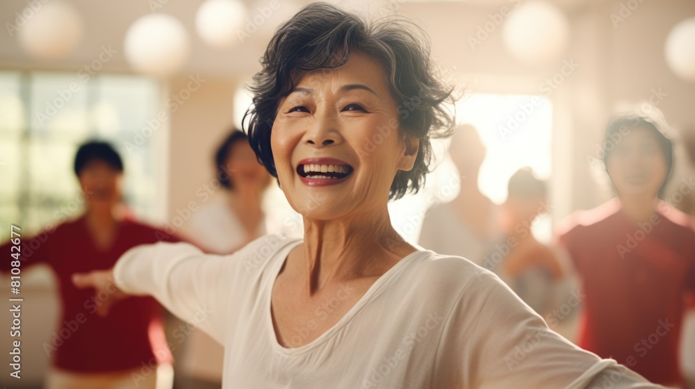 Happy Older Woman Dancing in a Room with Smiling People in the Background Fictional Character Created By Generative AI. Happy Older Woman Dancing in a Room with Smiling People in the Background Fictional Character Created By Generative AI.