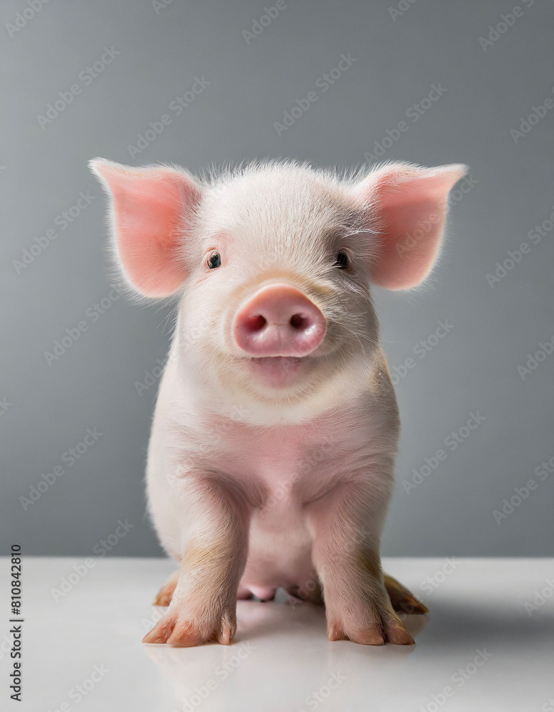 Cute baby pig sitting on white studio background; young piglet; funny curious animal Cute baby pig sitting on white studio background; young piglet; funny curious animal