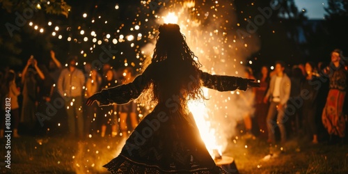Woman dancing around bonfire at night with people around. Summer Solstice Day, Midsummer, Litha, Ivan Kupala celebration. Slavic pagan holiday. Wiccan ritual, witchcore aesthetics.  photo