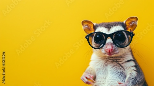 A curious sugar glider  wearing tiny sunglasses  hangs on the right side of a sunny yellow background  with room on the left for text  ideal for promoting exotic pet care services.