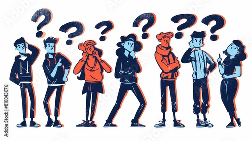 People who have questions  doubtful people think  solve problems  and choose the right decision. Cartoon line-art characters that are looking for answers  developing ideas.