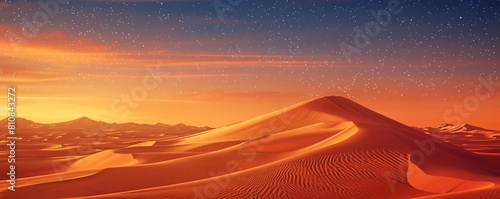 Sunrise Landscape  with Desert Sand Dunes. Scenic Contemporary Background with Warm Gradient Starry Sky