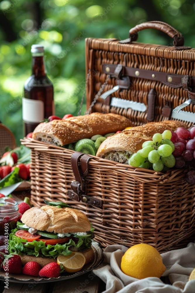 Picnic table setting with picnic basket, sandwich, and fruit Picnic table setting with picnic basket, sandwich, and fruit