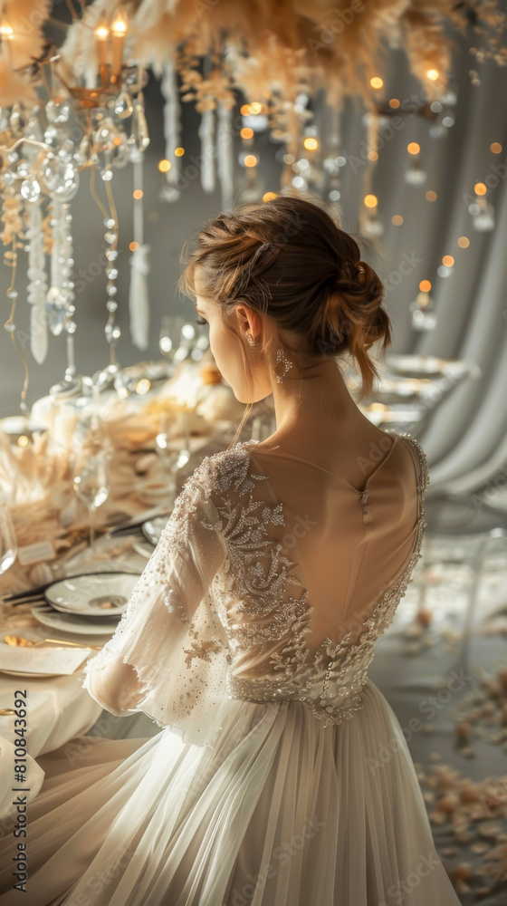 Naklejka premium A woman is sitting at a table with a white dress on