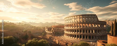 Ancient roman ruins with Colosseum in Rome, panoramic view, generated ai 