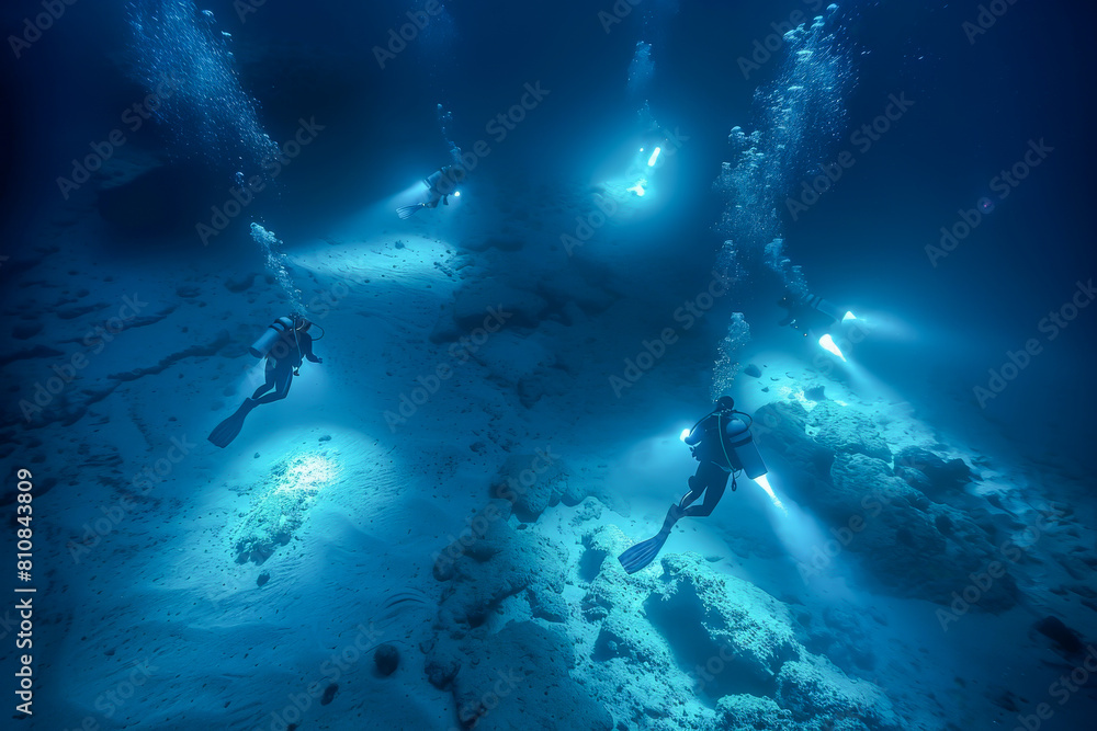 Fototapeta premium A group of divers are swimming in the ocean at night