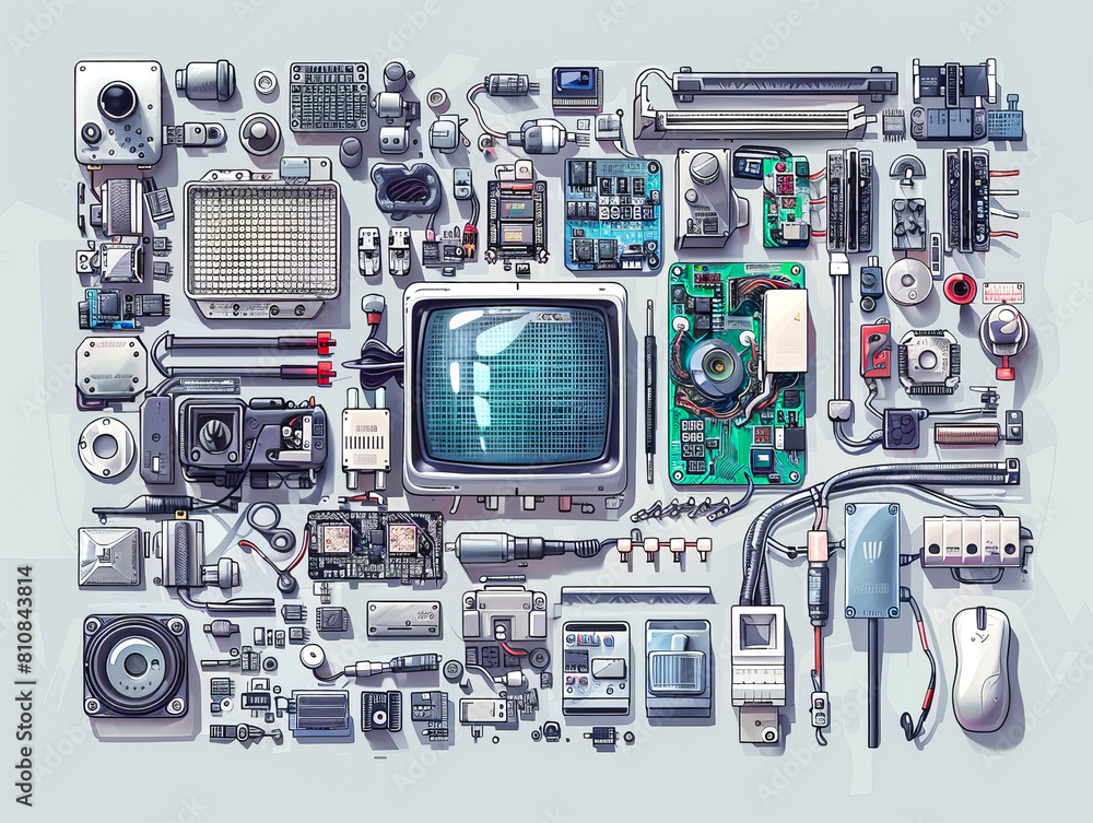 Fototapeta premium A computer monitor is surrounded by various electronic components