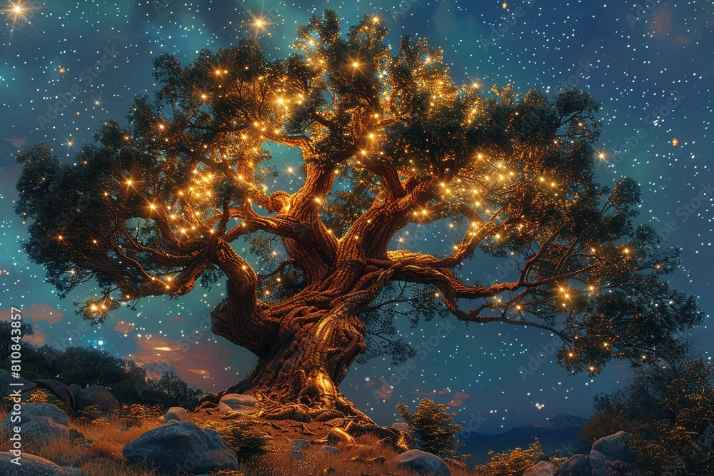 High-Resolution Photorealistic Render: Sprawling Mythic Tree Under the Stars with Stunning Visual Details High-Resolution Photorealistic Render: Sprawling Mythic Tree Under the Stars with Stunning Visual Details