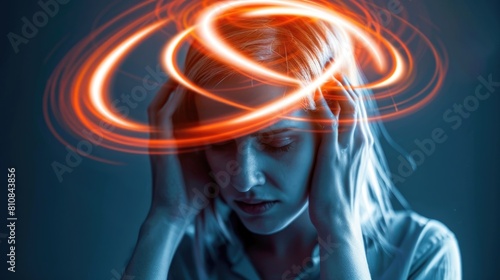 The concept of vertigo illness involves a woman experiencing a headache and a spinning sensation which can be attributed to issues in the inner ear brain or sensory nerve pathway leading to photo