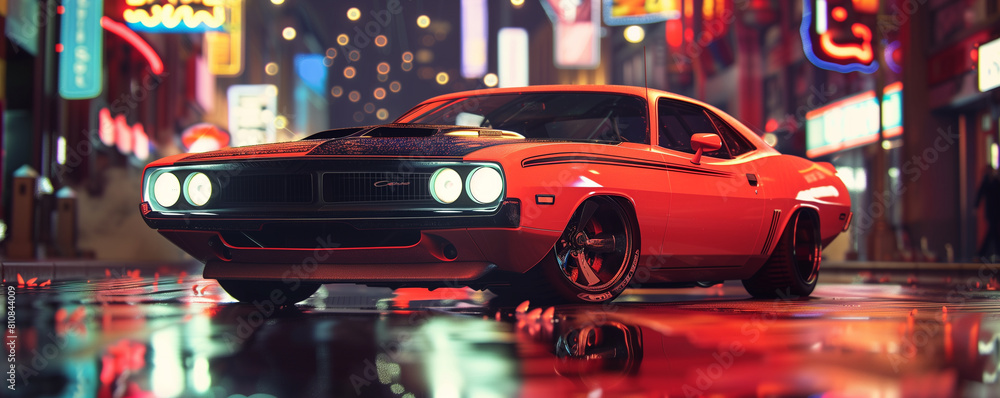 Muscle car on the streets at night, generated ai Muscle car on the streets at night, generated ai