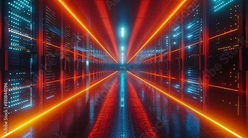 A high-tech data center, with rows of glowing servers: Driving Data Success: Advanced Storage and Network Solutions.