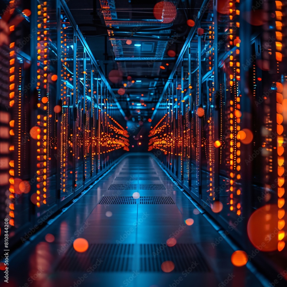 A high-tech data center, with rows of glowing servers: High-Capacity Compute and Storage Systems Redefining Efficiency.