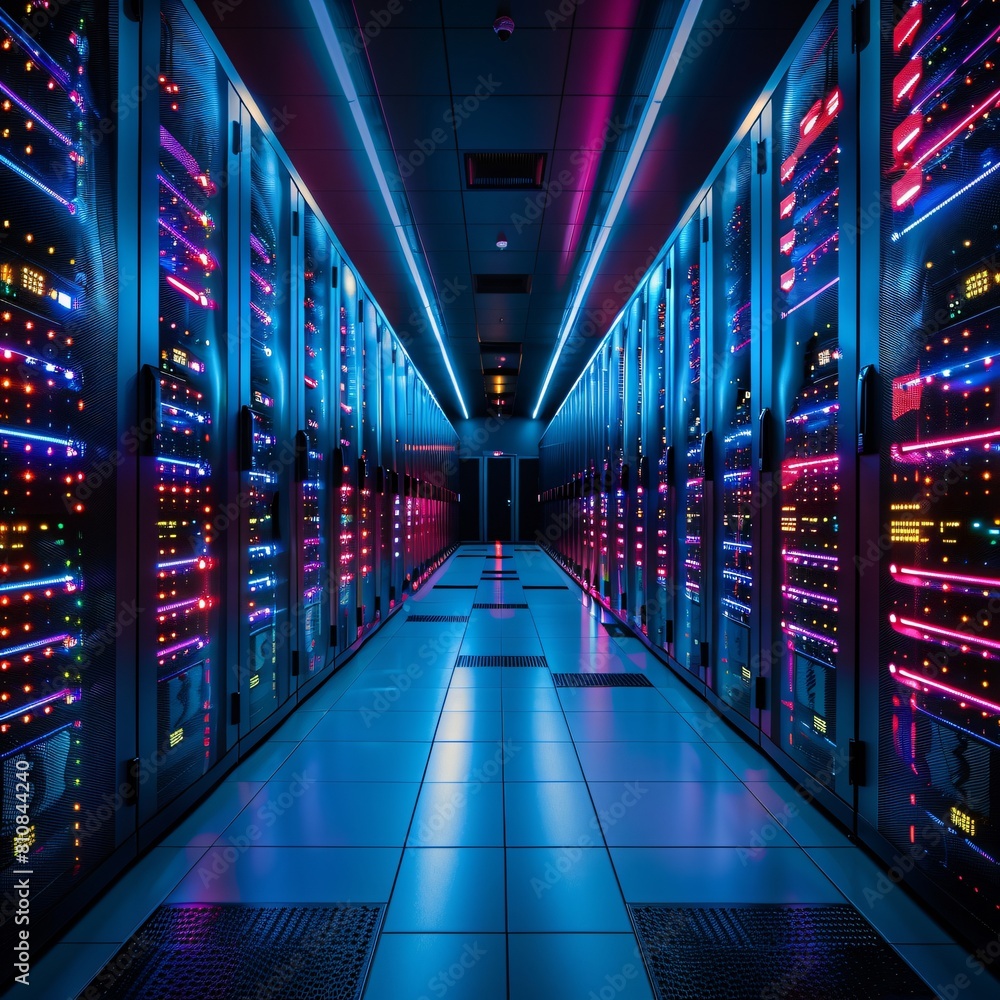 A high-tech data center, with rows of glowing servers: Integrated Data Solutions: From Storage to Network Excellence.