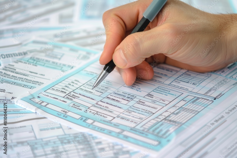 Person filling out form with pen, can be used for business concepts Person filling out form with pen, can be used for business concepts