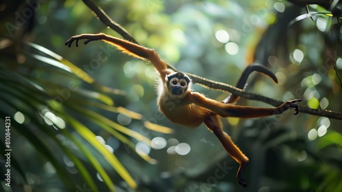 Agile spider monkey swinging effortlessly through the jungle canopy, its long limbs and prehensile tail allowing it to move with remarkable speed and agility. photo