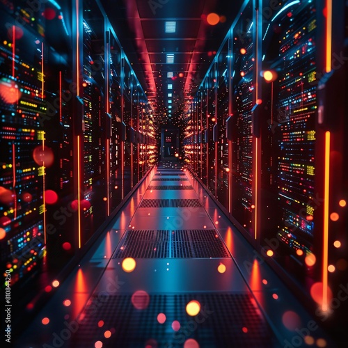 A high-tech data center, with rows of glowing servers: Network-Centric Data Management: The New Frontier in Tech.