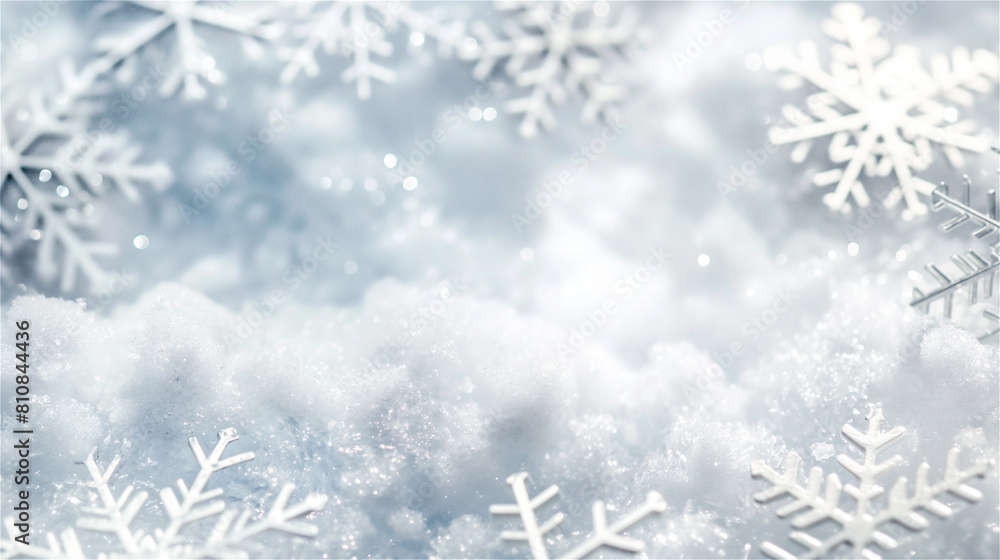 Decorative snowflakes around the perimeter of a white, snowy, Christmas background with copy space in the center.