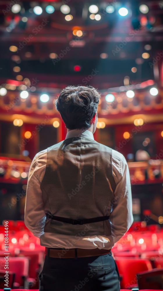 Fototapeta premium A man stands in a theater with a vest on