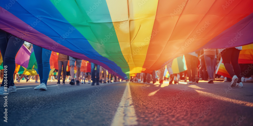 AI generated illustration of a crowd carrying a rainbow flag during the ...