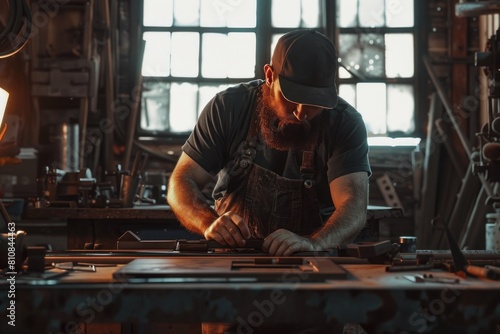 A man working on a piece of wood in a workshop. Suitable for woodworking or carpentry projects