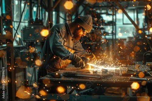 A man working on a piece of metal. Suitable for industrial concepts