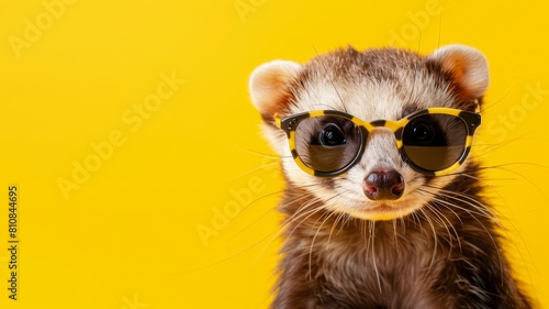A mischievous ferret, peeking out from behind sunglasses, sits on the right side of a bright yellow background, leaving space on the left for text, perfect for pet care product promotions. © muhriZ